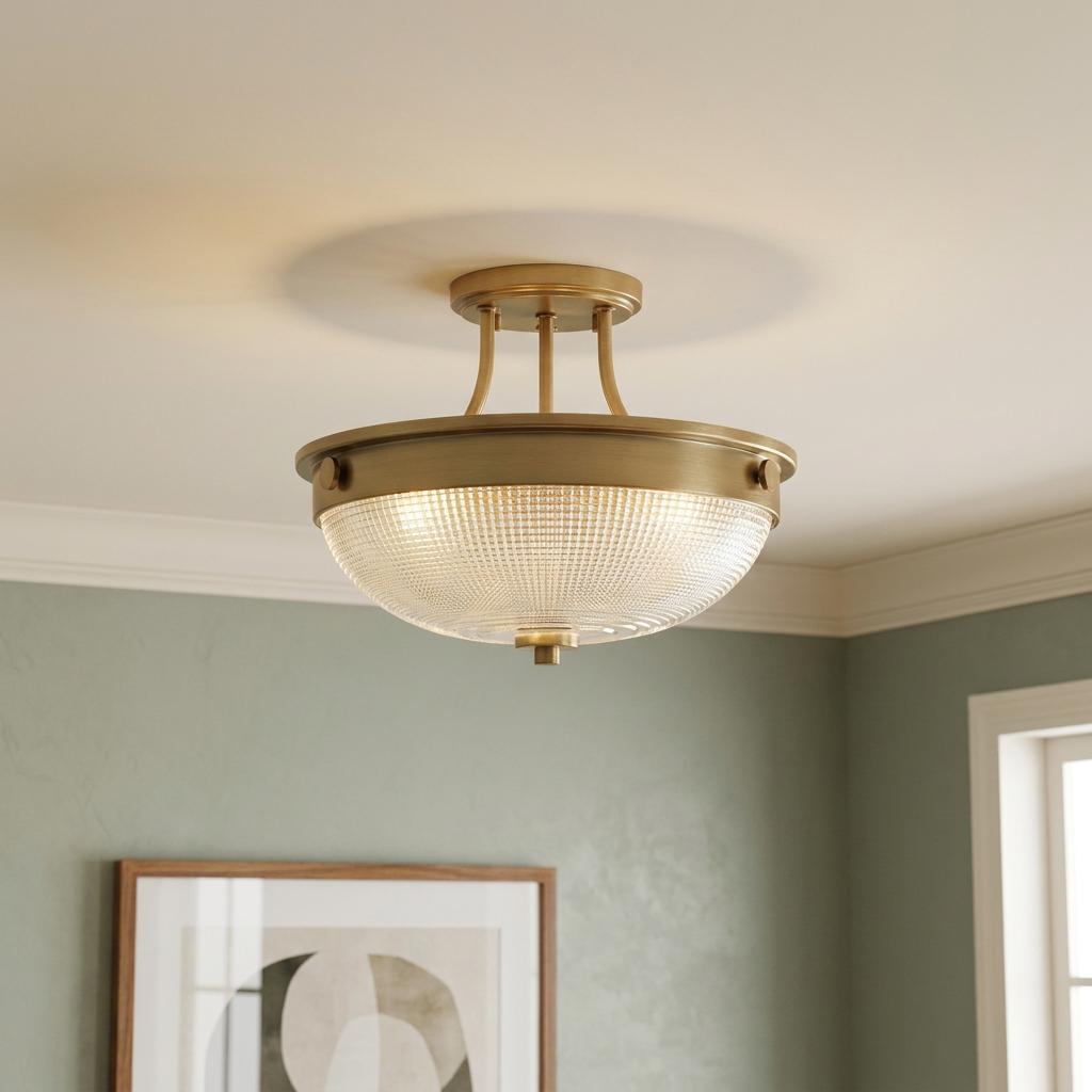 Quoizel Mantle semi-flush brass ceiling light with a textured glass bowl shade in a green-walled room.