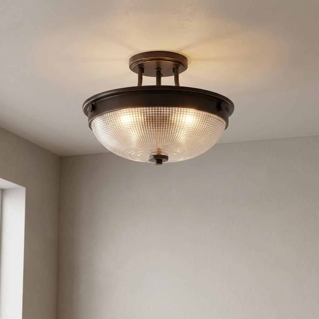 A semi-flush bronze ceiling light with a textured glass bowl shade illuminated in a neutral room.