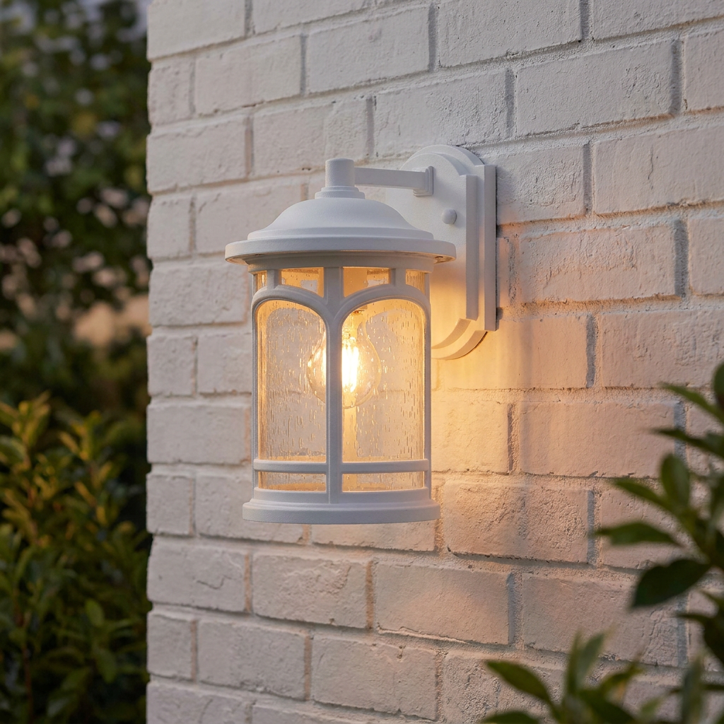 White Quoizel Marblehead outdoor wall lantern with seeded glass panels glowing on a white brick wall.