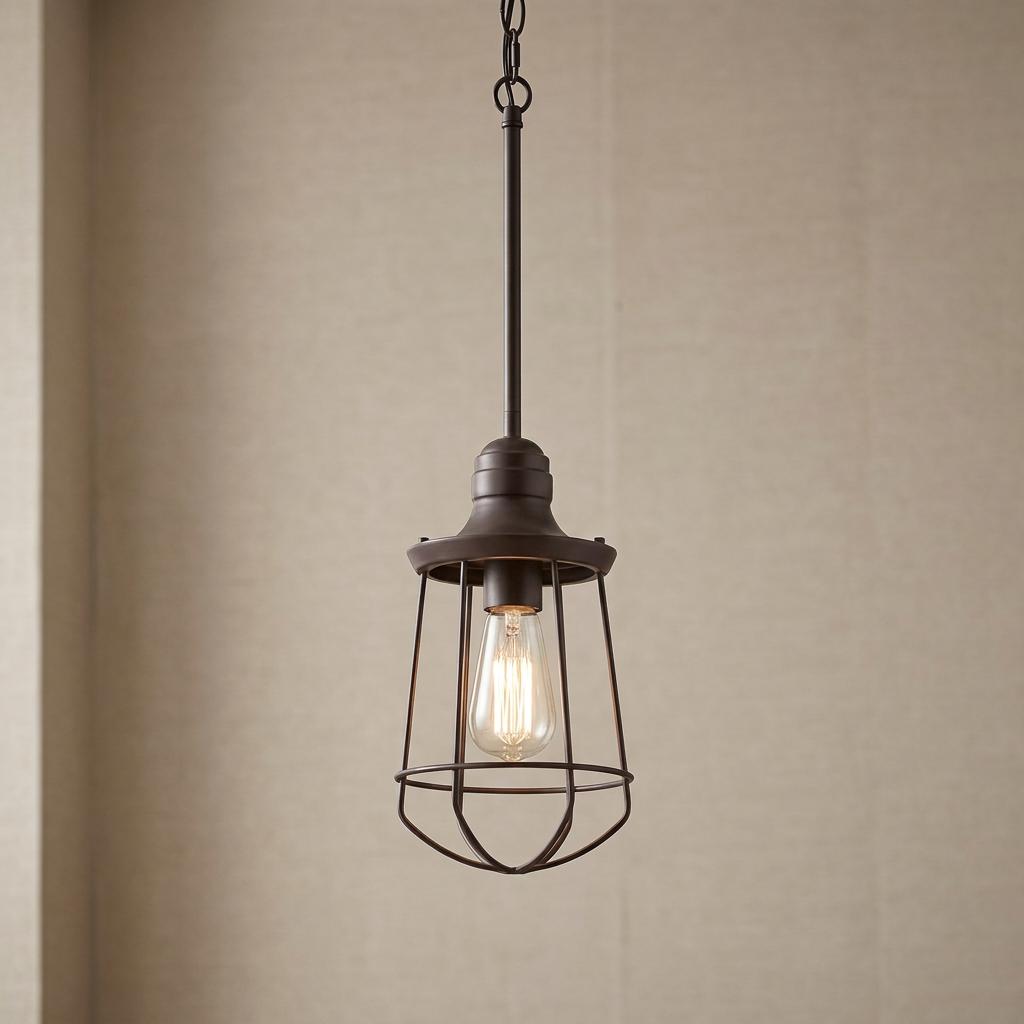 Bronze outdoor pendant light with a protective cage design and an Edison bulb, hanging against a neutral wall.