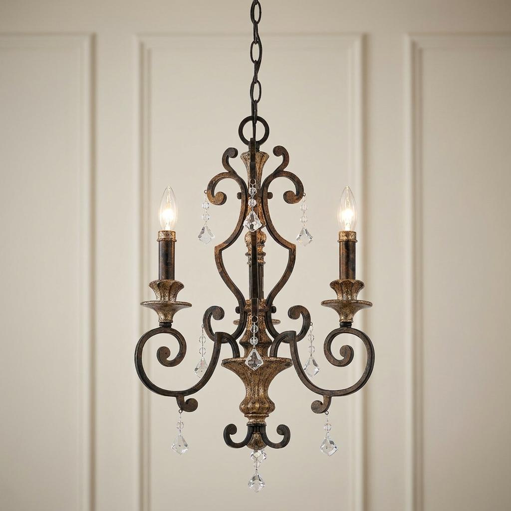 Quoizel Marquette 3-light gold chandelier with elegant scrollwork and crystal accents against a paneled wall.