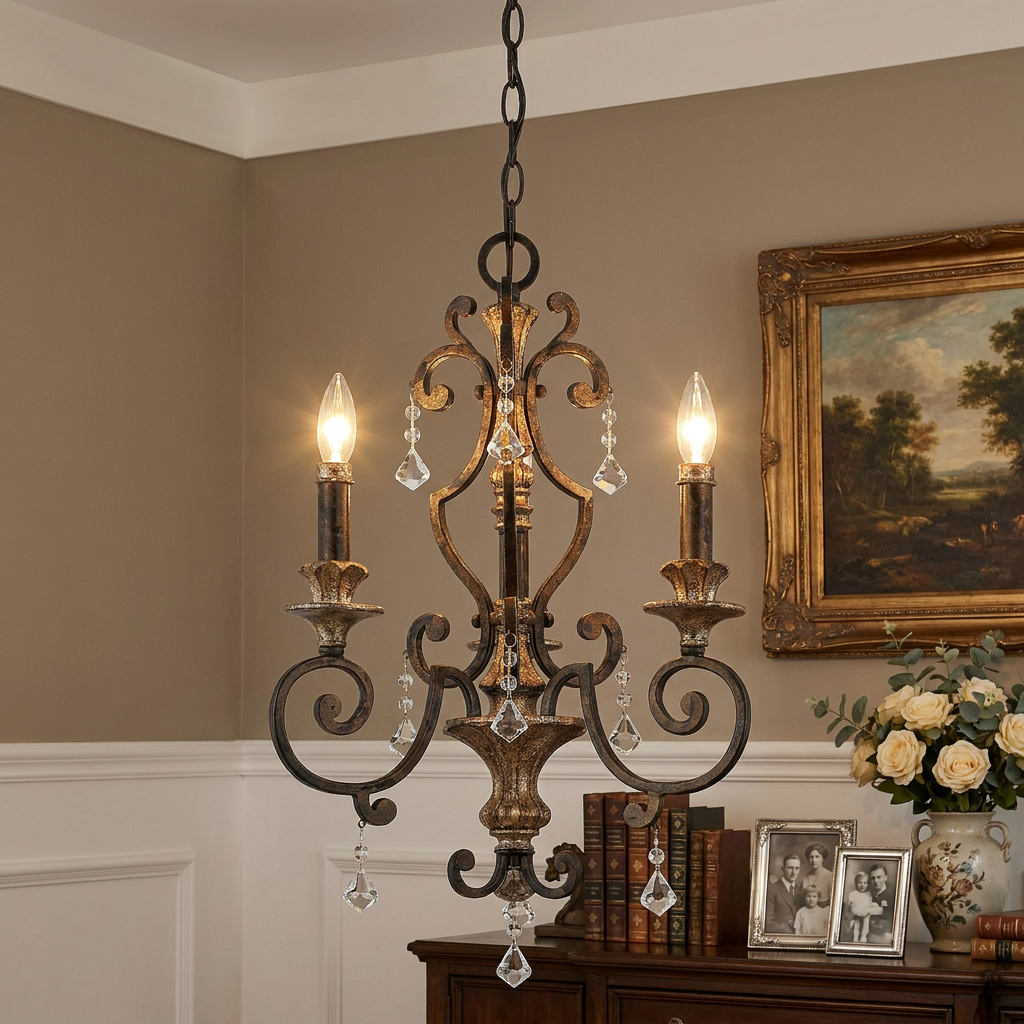 Ornate three-light gold chandelier with crystal droplets in an elegant room with traditional decor.