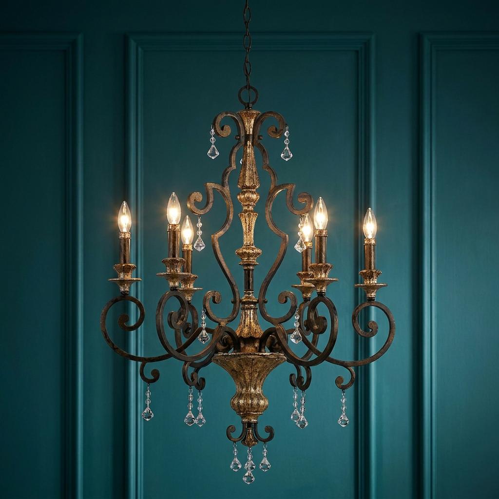 Ornate 6-light bronze and gold chandelier with crystal accents against a teal wainscoted wall.
