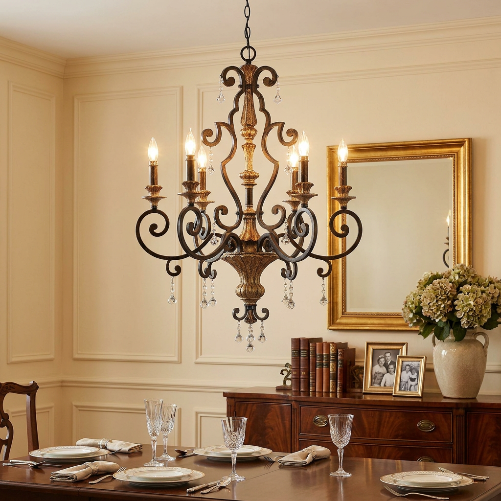 Quoizel Marquette 6-light bronze and gold chandelier with crystal accents above a formal dining table.