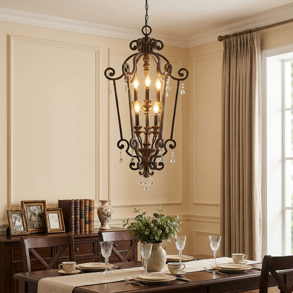 Ornate six-light gold heirloom chandelier with crystal accents hanging over a set dining room table.