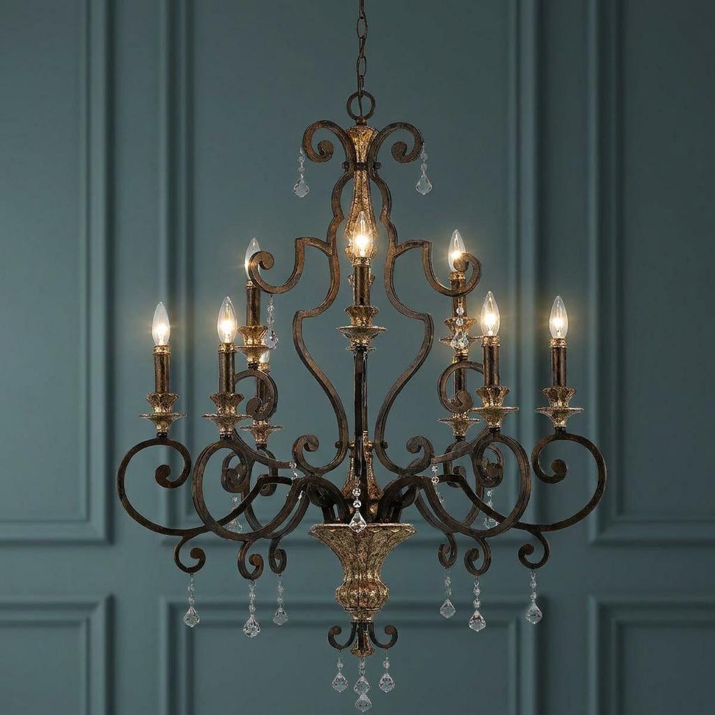 Ornate 9-light bronze and gold chandelier with candle bulbs and crystal accents against a teal paneled wall.