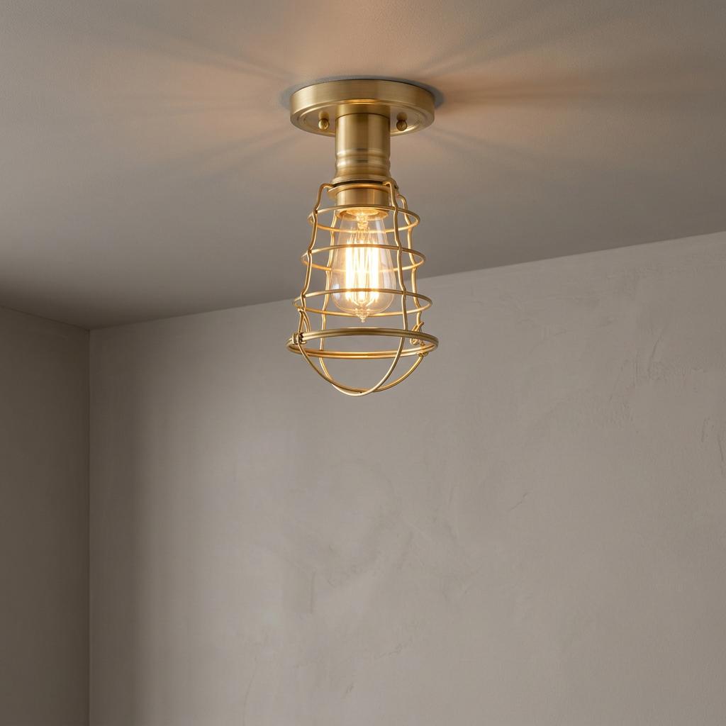Industrial brass semi-flush mount light with a wire cage and glowing bulb mounted on a neutral ceiling.