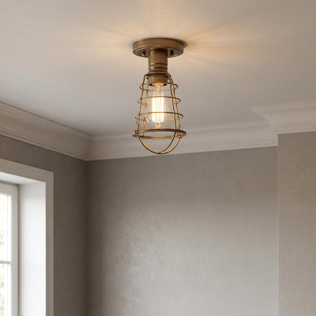 Industrial weathered brass semi-flush mount light with a wire cage and exposed Edison bulb on a white ceiling.