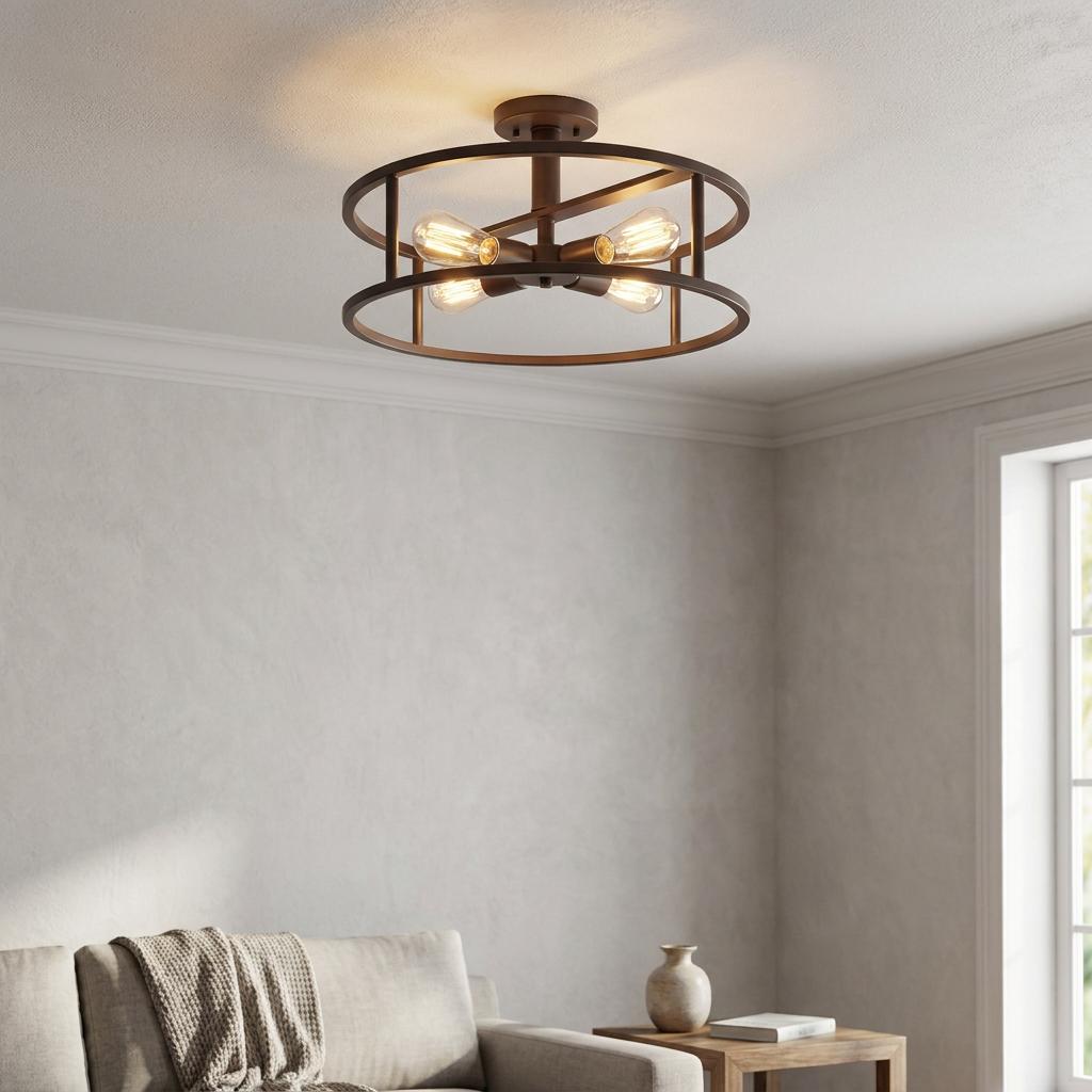 Industrial bronze semi-flush ceiling light with a circular open cage and four exposed bulbs in a modern living room.