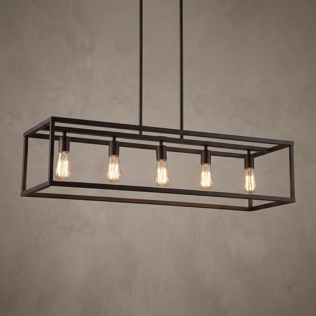Five glowing Edison bulbs within a rectangular linear bronze cage pendant light against a neutral wall.
