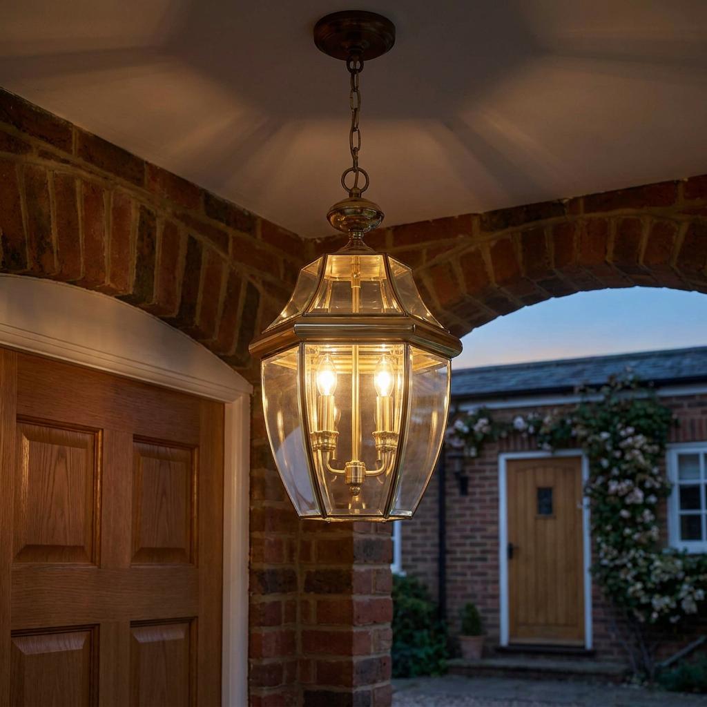 Polished brass chain lantern with two lit candle bulbs hanging under a brick archway at dusk.