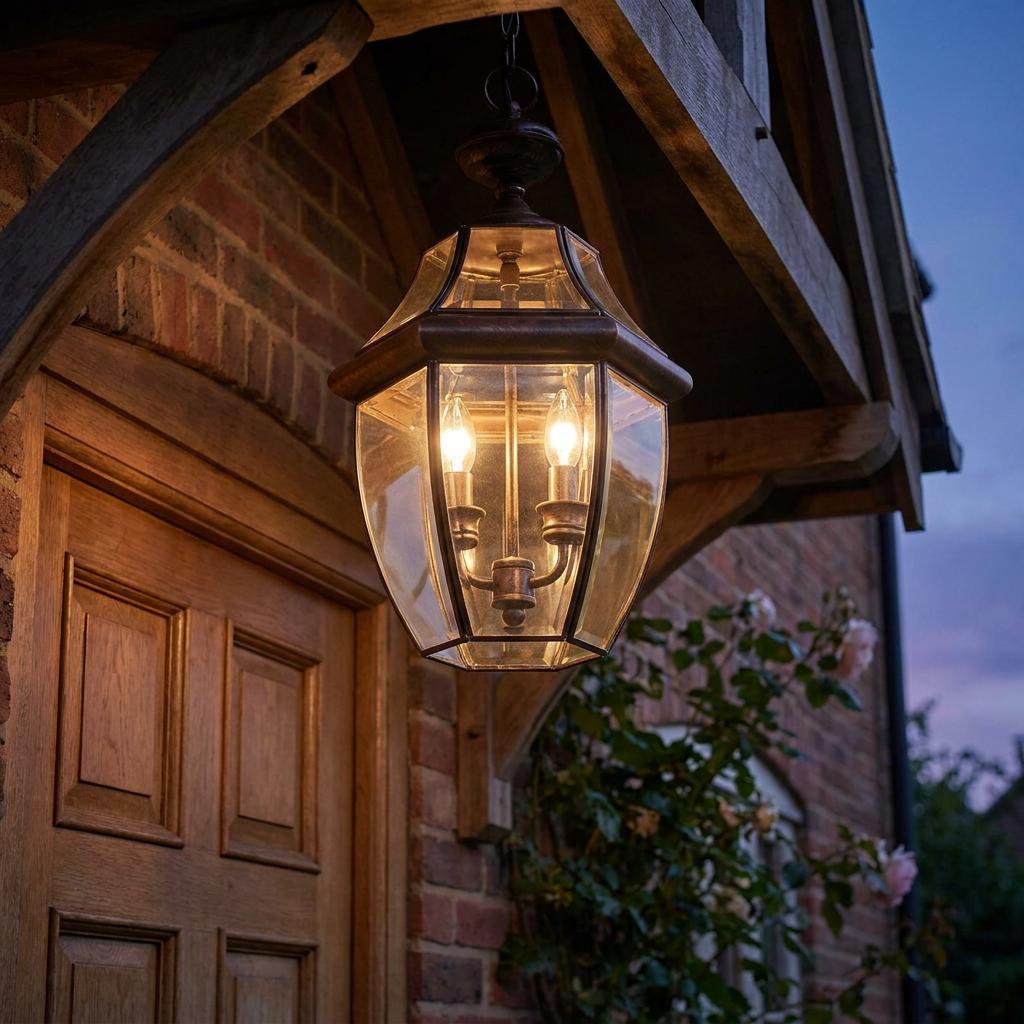 Quoizel Newbury outdoor pendant light glowing under a wooden porch by a brick wall and wooden door at dusk.