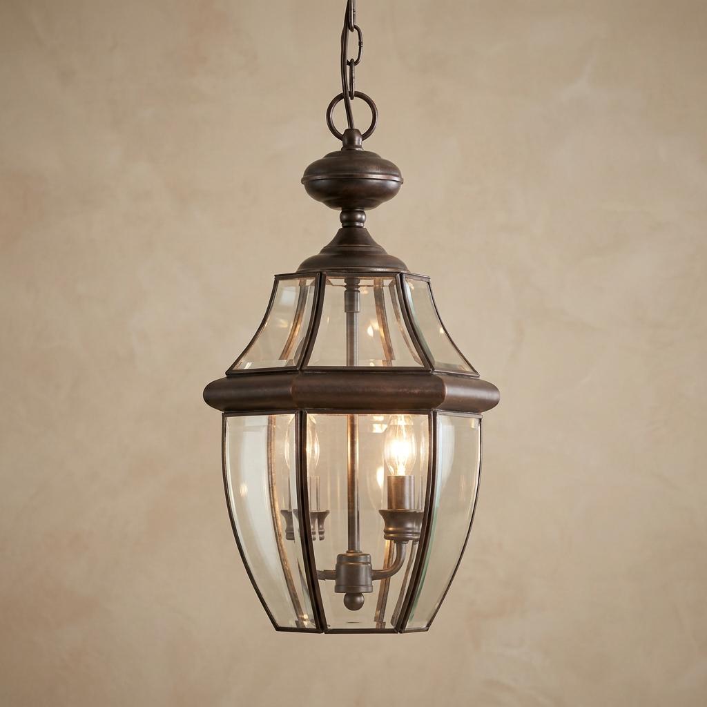 Traditional aged copper outdoor pendant lantern with clear glass panels and three internal candle-style lights.