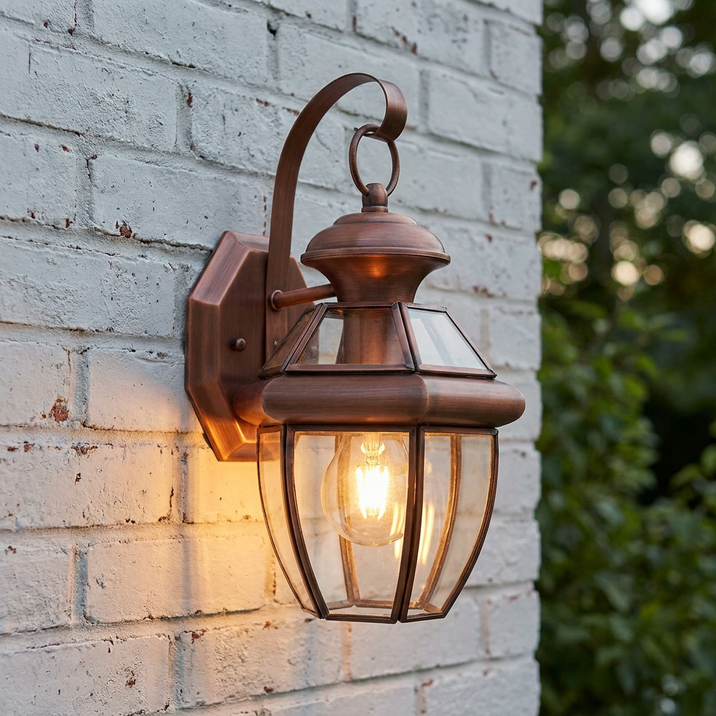 Quoizel Newbury aged copper outdoor wall lantern with clear glass panels, glowing on a white brick wall.