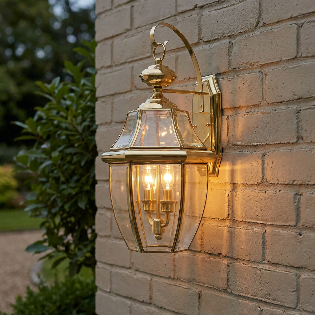 Lit polished brass outdoor wall lantern with two candle bulbs mounted on a beige brick wall.