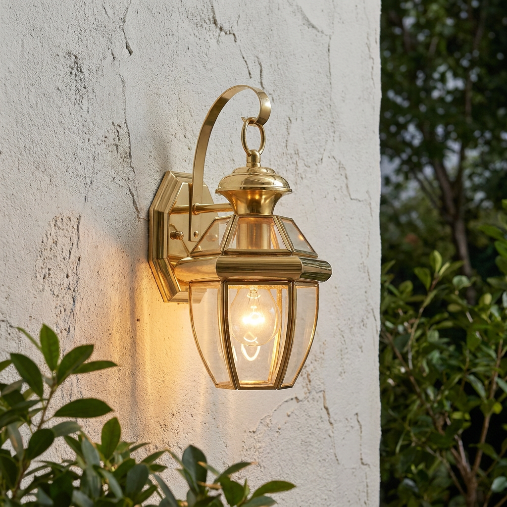 Traditional polished brass outdoor wall lantern glowing on a textured white exterior wall.