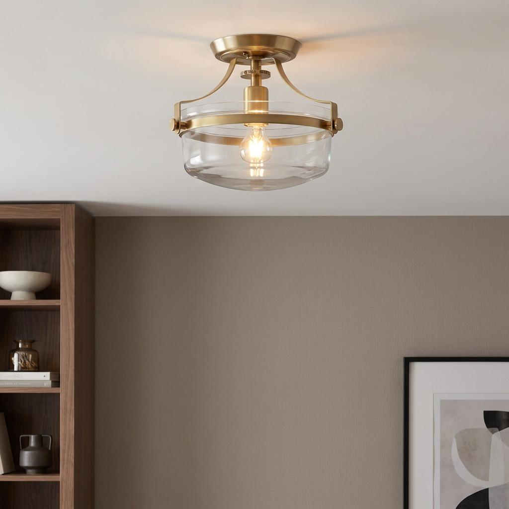 Brushed brass semi-flush ceiling light with a clear glass bowl shade in a contemporary living space.