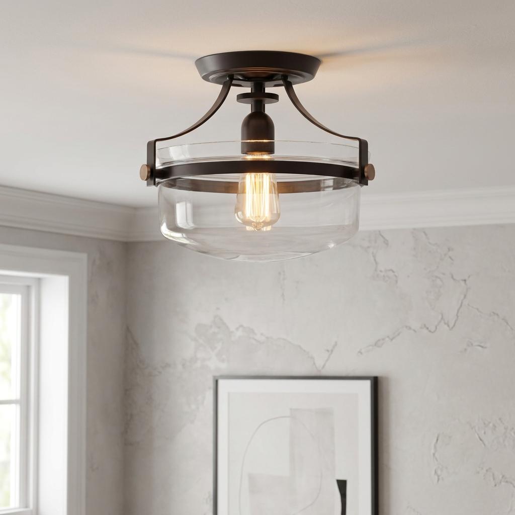 Quoizel Penn Station Western Bronze ceiling light with a clear glass bowl shade mounted on a white ceiling.