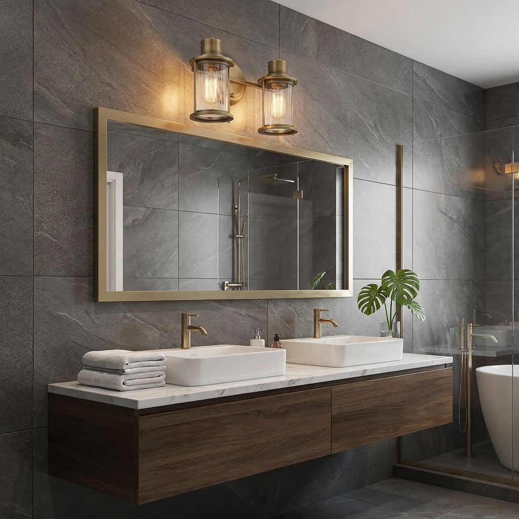 Quoizel Riggs 2-light brass wall light with clear glass shades above a mirror in a modern stone-tiled bathroom.