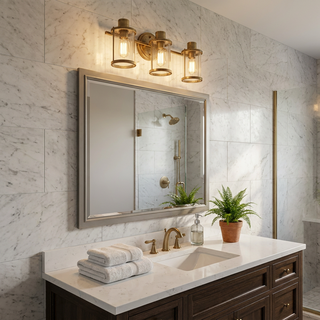 Quoizel Riggs three-light brass vanity fixture with fluted glass shades above a mirror in a marble tiled bathroom.