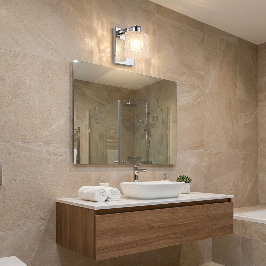 Polished chrome bathroom wall light with a wavy glass shade mounted above a mirror in a modern tiled bathroom.