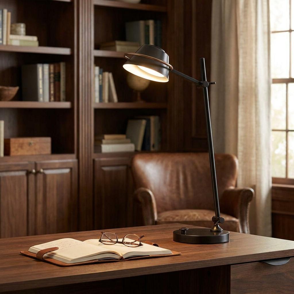 Quoizel Spencer LED bronze table lamp illuminating a wooden desk with a notebook in a traditional home library.