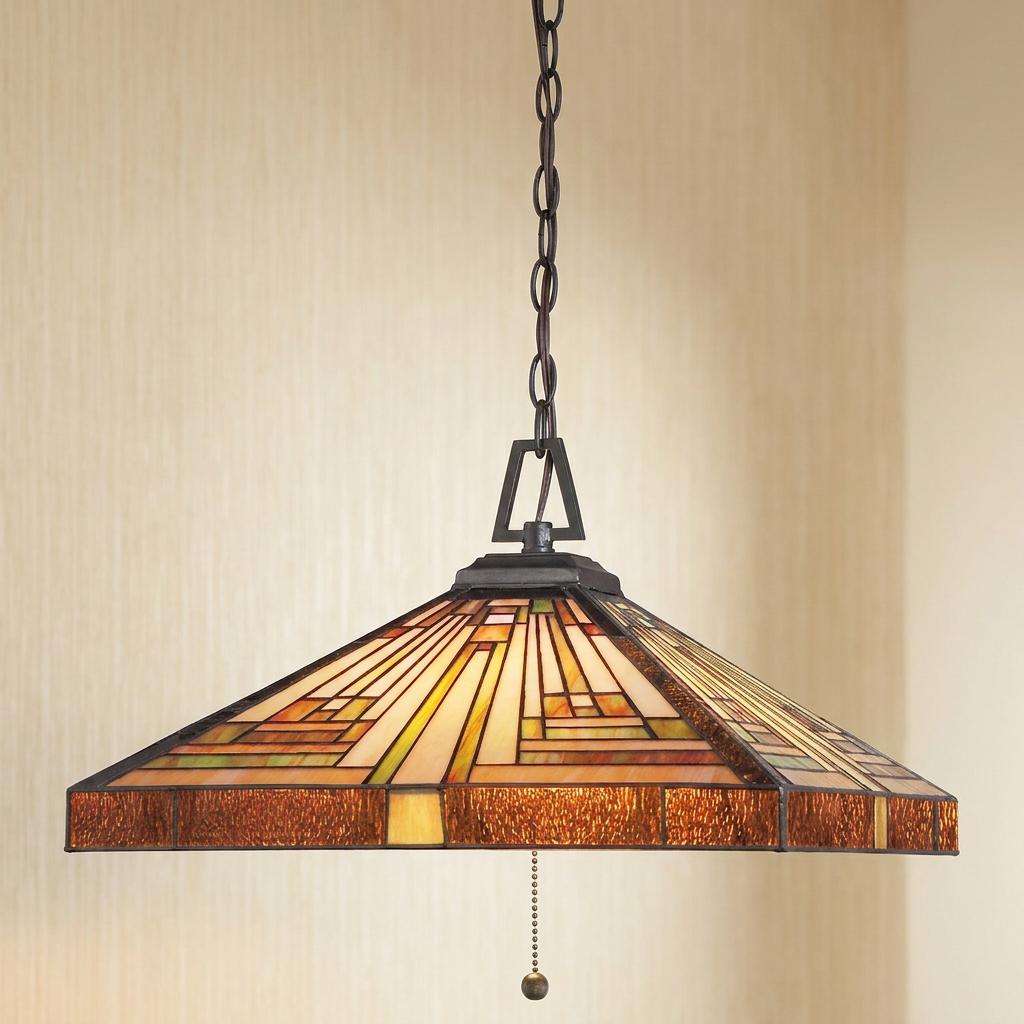 Mission-style Tiffany ceiling pendant with geometric amber stained glass shade and bronze hardware.