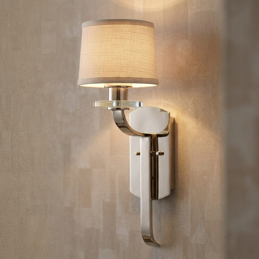 Polished silver wall sconce with a cream fabric shade and crystal accent, emitting a warm glow on a textured wall.