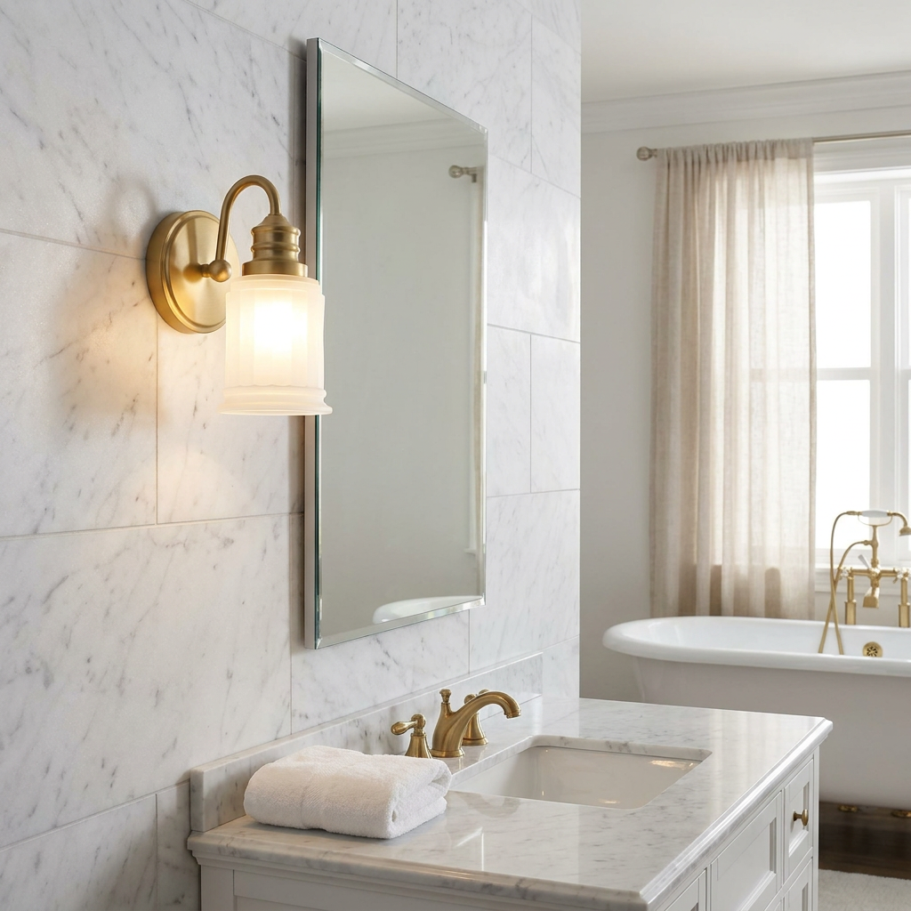 Lit brass wall light with a frosted shade mounted on a marble bathroom wall next to a mirror.