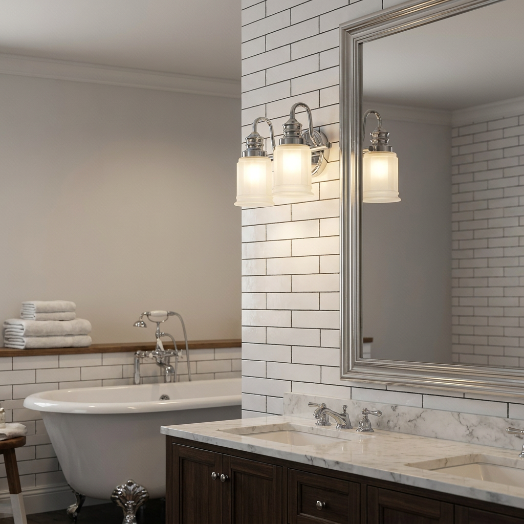 Two-light chrome wall sconce with frosted glass shades mounted on white subway tiles above a bathroom vanity.