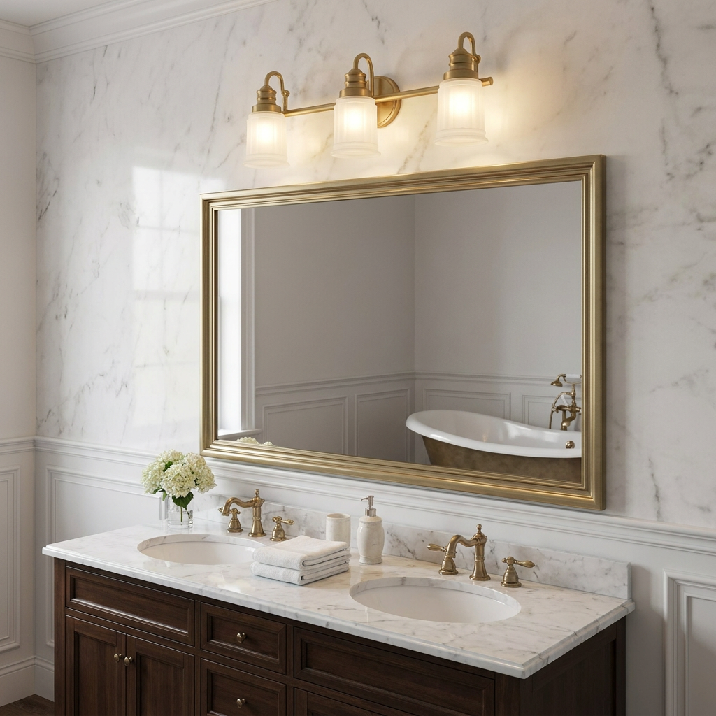 Quoizel Swell 3-light brass bathroom wall light above a large gold mirror in a marble bathroom.
