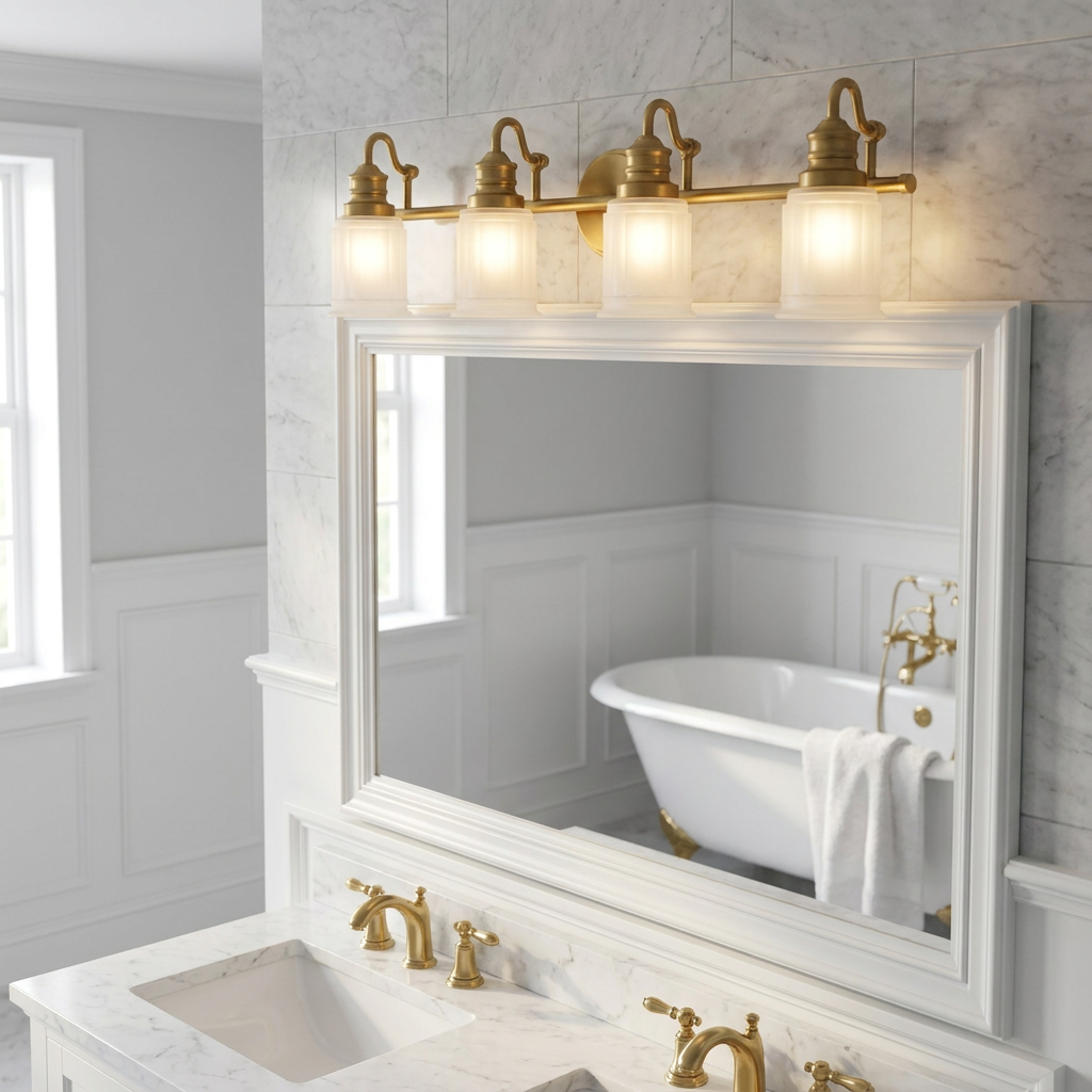 A four-light brass vanity fixture with frosted glass shades mounted above a large white mirror in a bathroom.
