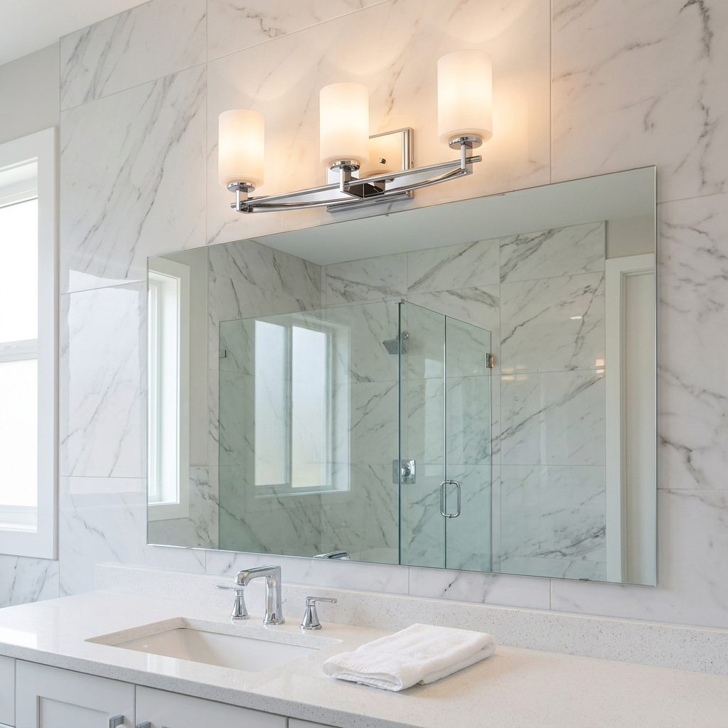Three-light chrome vanity fixture with frosted glass shades mounted above a mirror on a marble tiled bathroom wall.