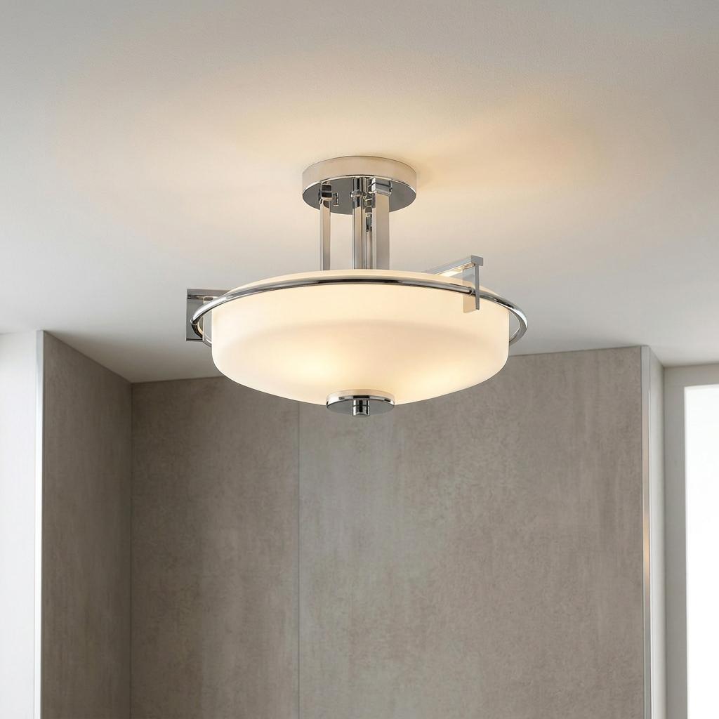 Modern chrome semi-flush ceiling light with a round opal glass shade in a grey tiled bathroom.