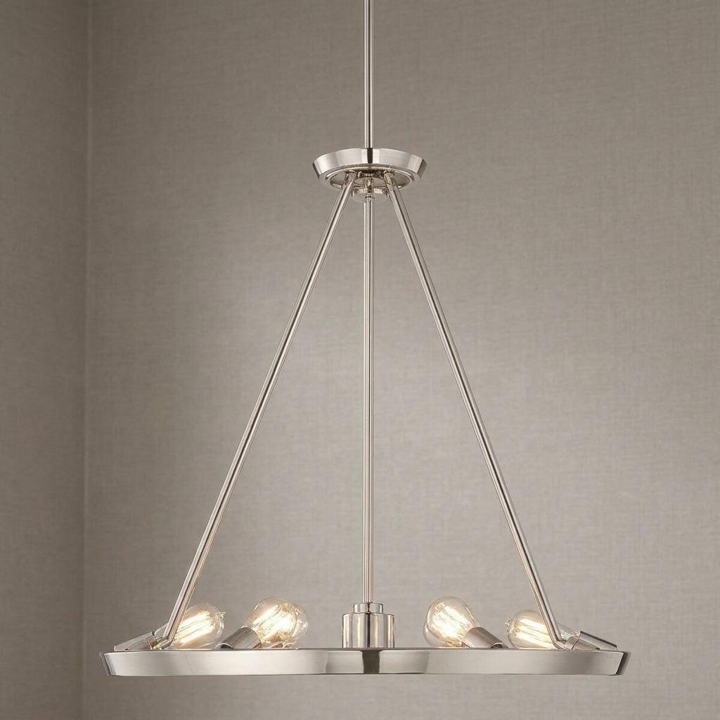 Quoizel Theater Row silver 6-light pendant featuring a circular frame and exposed vintage-style bulbs.