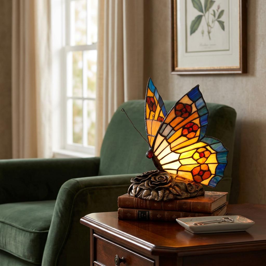 A glowing stained-glass butterfly lamp sits on a wooden side table next to a green armchair.