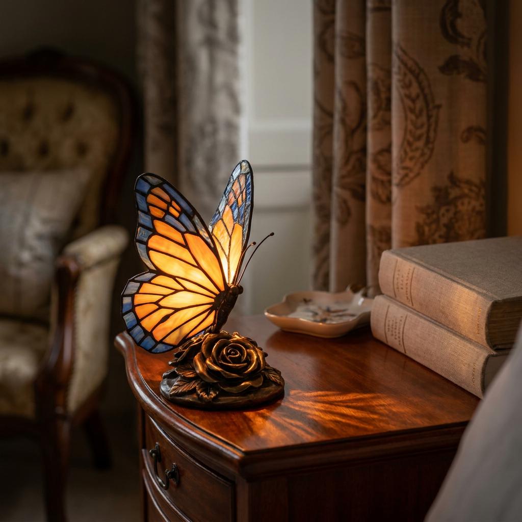Stained glass butterfly lamp with glowing amber wings on a wooden nightstand next to a stack of books.