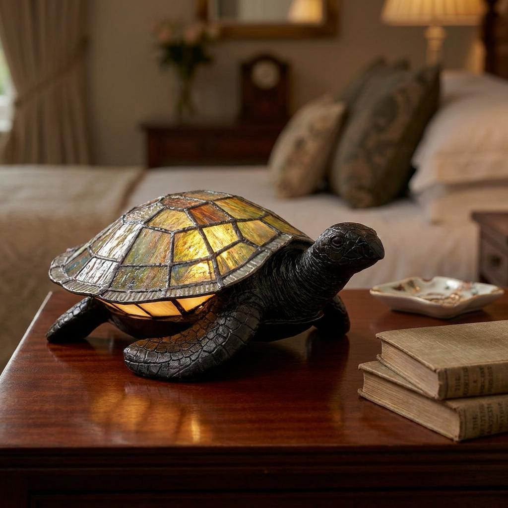 Tiffany-style turtle lamp with a glowing stained-glass shell on a wooden bedside table in a cozy bedroom.