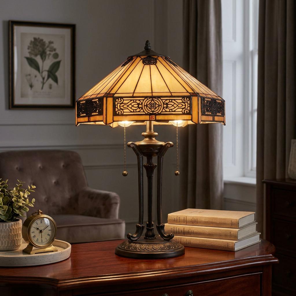 Quoizel Tiffany Indus table lamp with amber stained glass shade and ornate bronze base on a wooden desk.