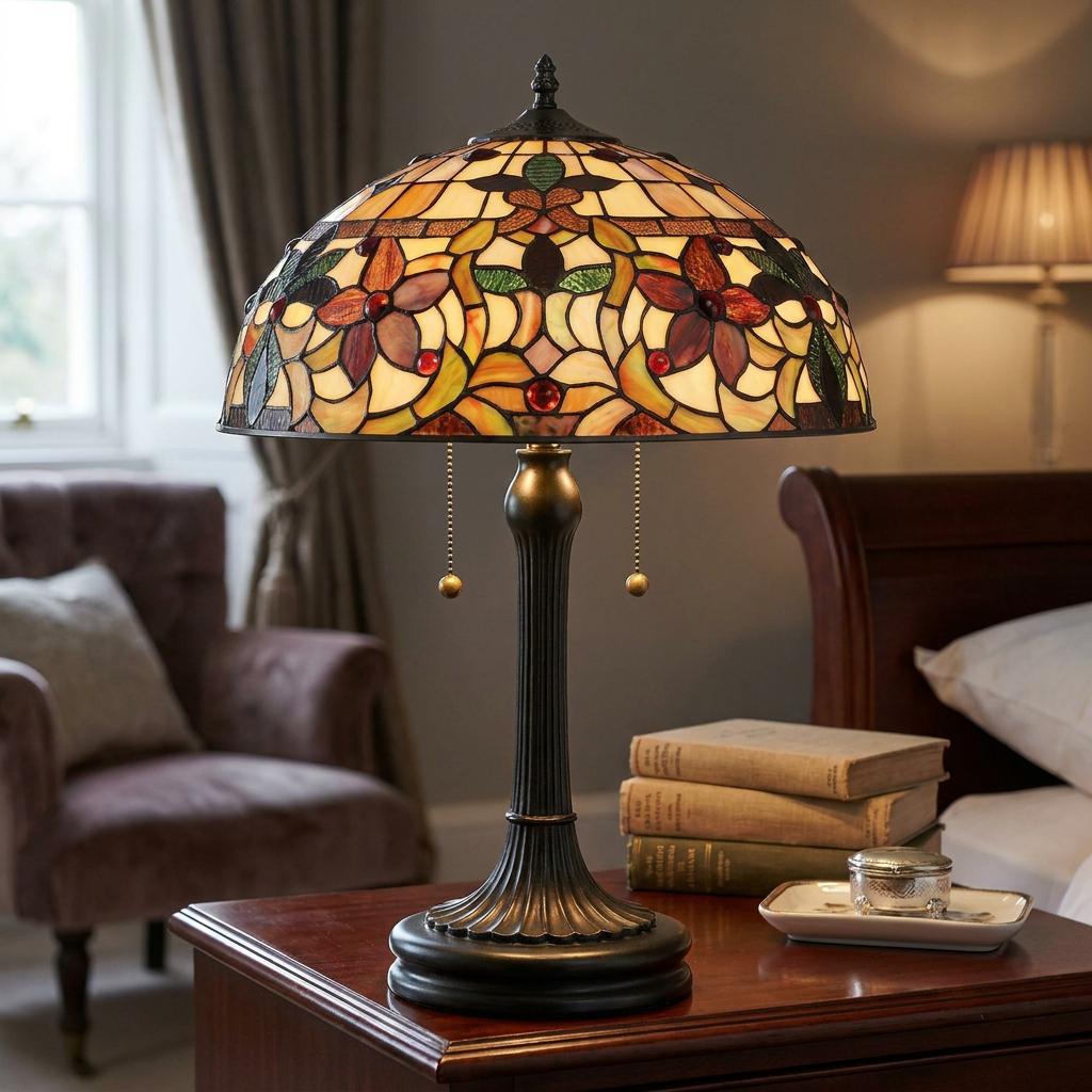 Quoizel Tiffany Kami table lamp with floral stained glass shade on a wooden nightstand in a bedroom setting.