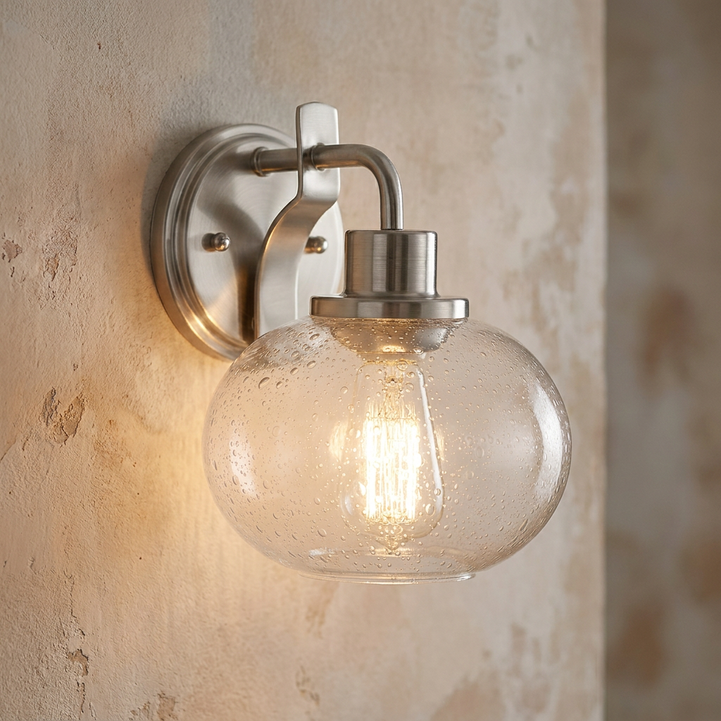 Quoizel Trilogy brushed nickel wall light with a clear seeded glass globe and Edison bulb on a textured wall.