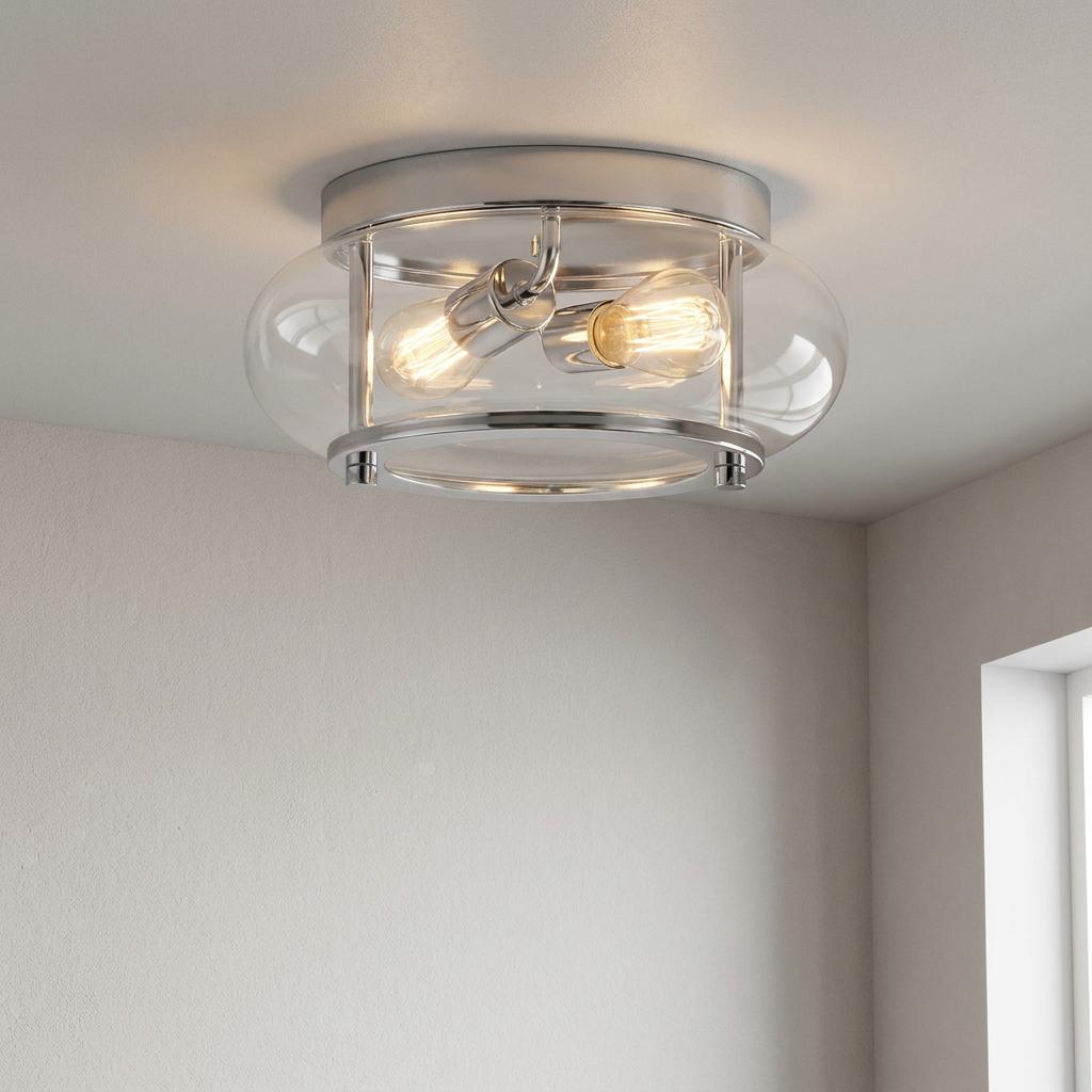Quoizel Trilogy 2-light chrome flush mount with bulbous clear glass and warm Edison bulbs on a white ceiling.