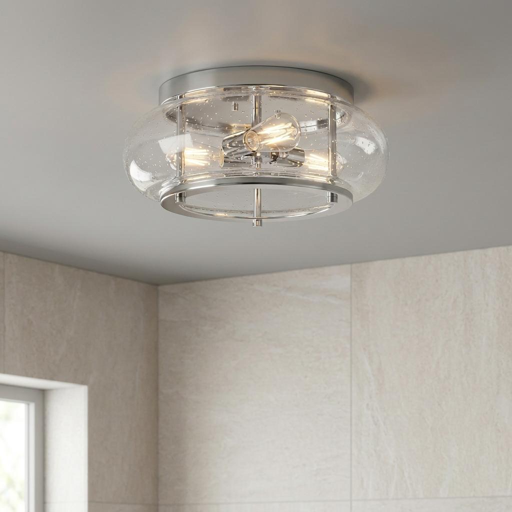 Quoizel Trilogy chrome flush mount with seeded glass shade and warm filament bulbs on a bathroom ceiling.