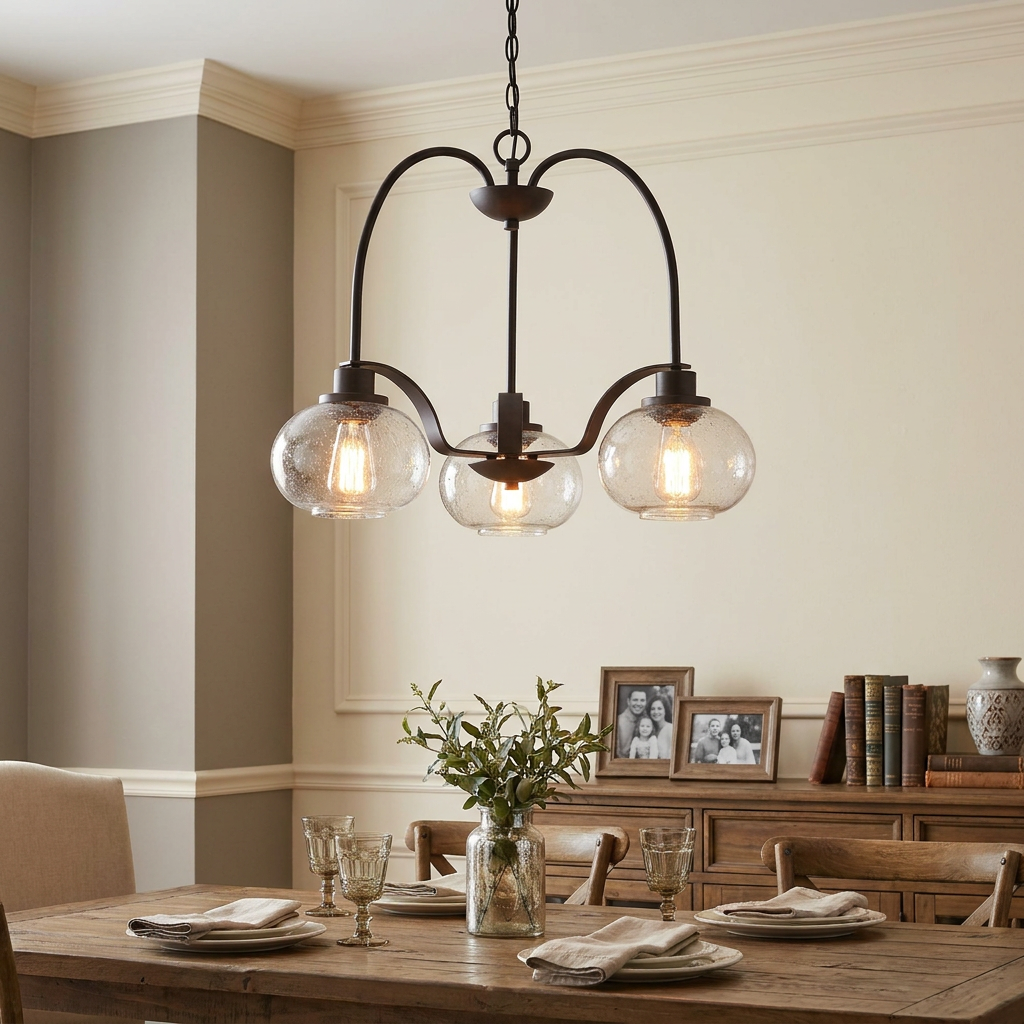 3-light dark bronze chandelier with seeded glass globes hanging above a rustic dining table.
