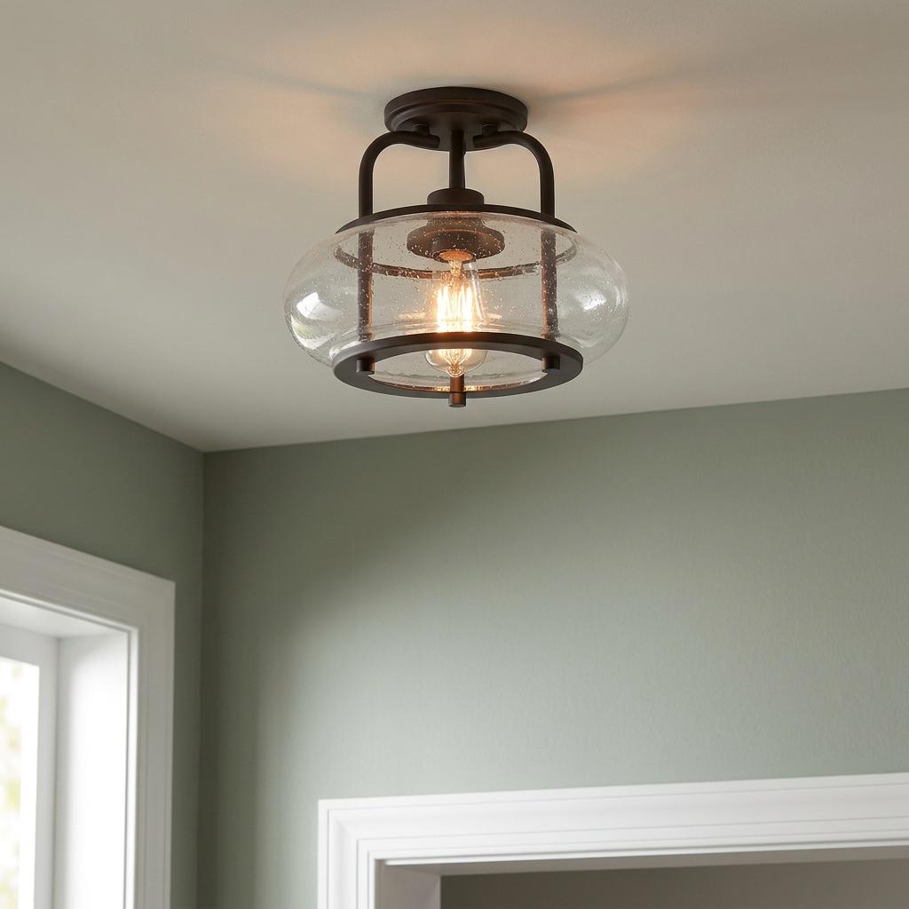Quoizel Trilogy semi-flush ceiling light with an old bronze frame and seedy glass shade illuminating a room.