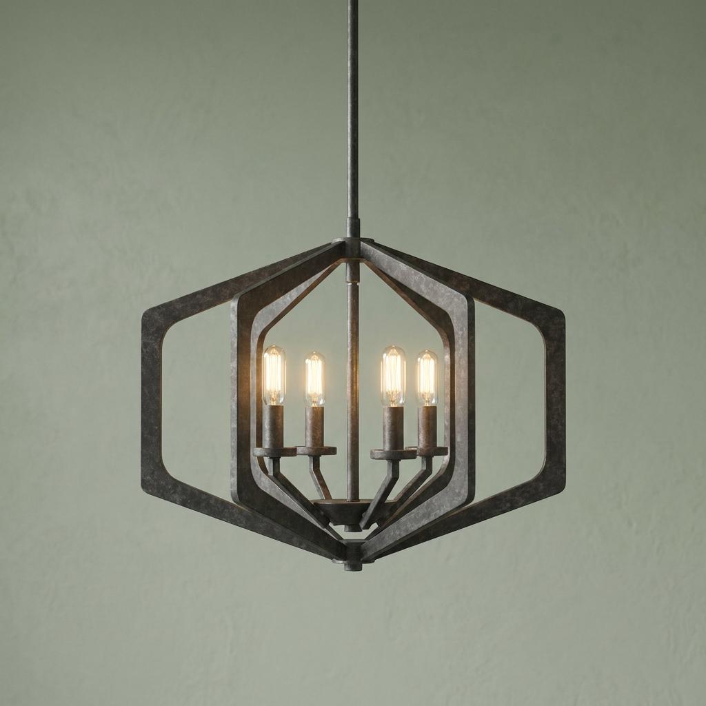 Geometric black hexagonal 4-light pendant with glowing Edison bulbs against a textured green wall.