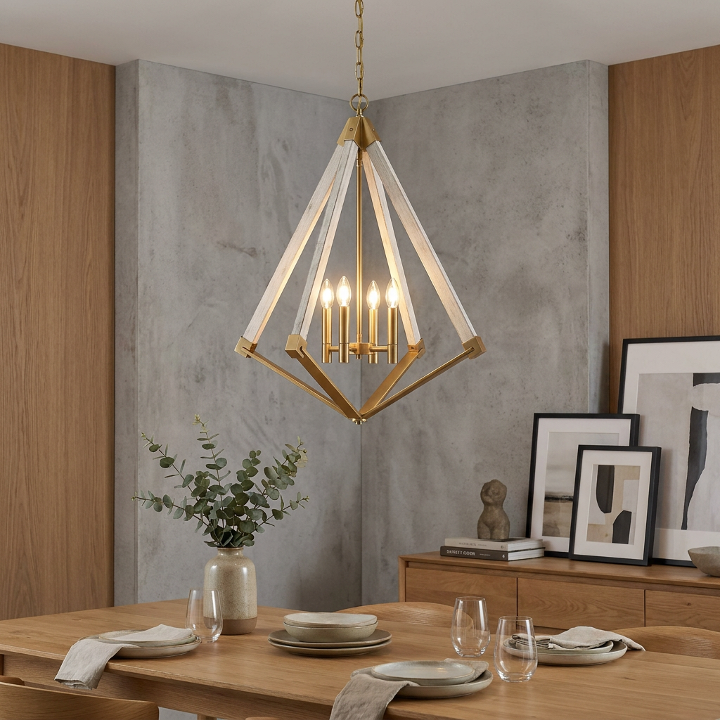 Weathered brass and white wood diamond-shaped chandelier hanging above a modern minimalist dining table.