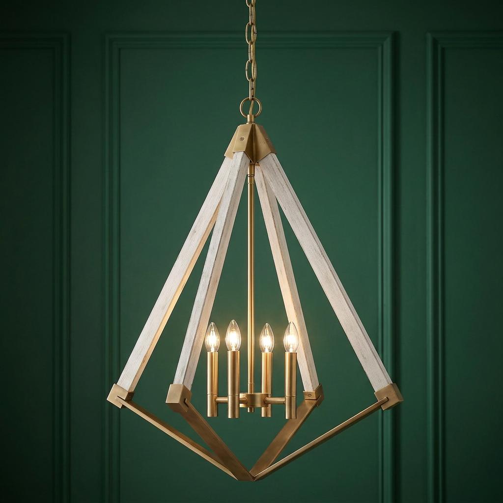 Geometric 4-light brass chandelier with weathered wood accents set against a dark green paneled wall.
