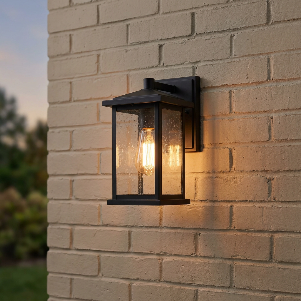 Black outdoor wall lantern with seeded glass and a glowing Edison bulb mounted on a light-colored brick wall.