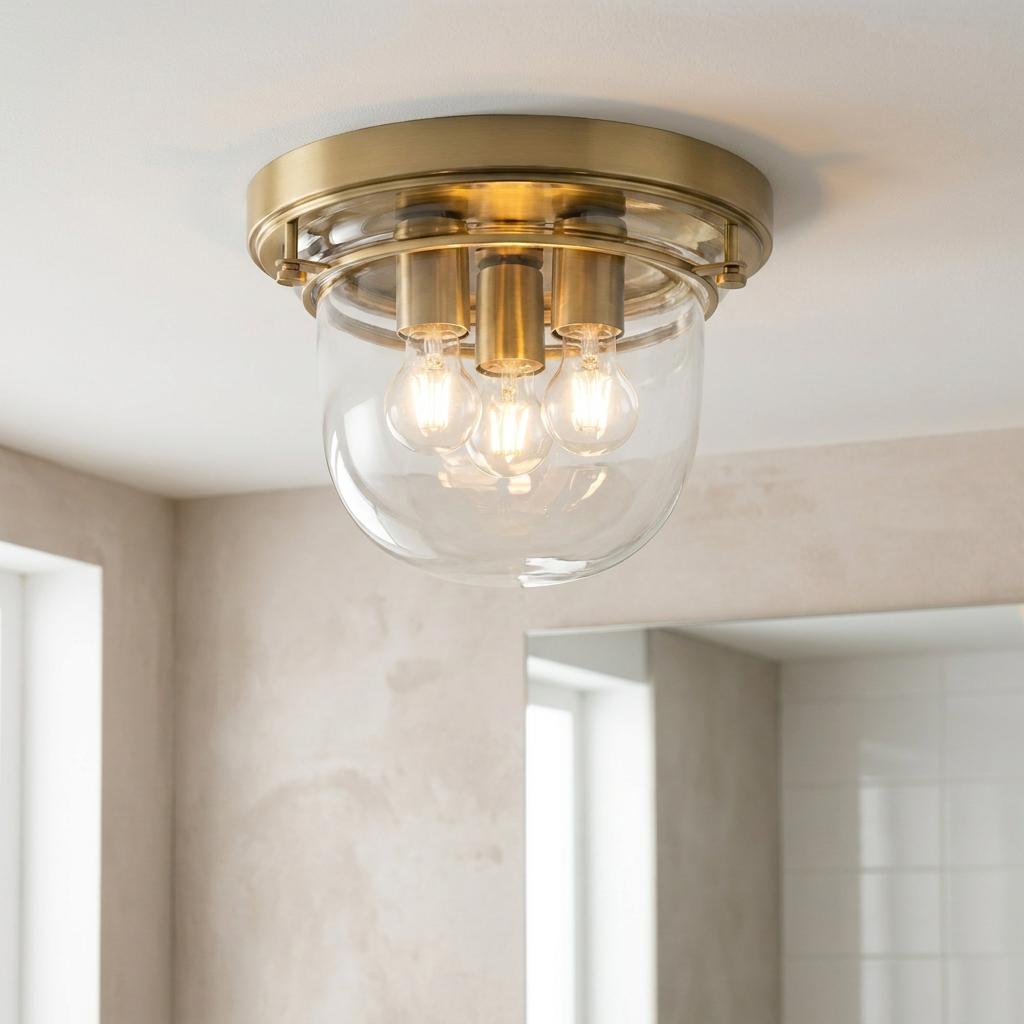 A brass three-light flush mount ceiling fixture with a clear glass dome shade in a bathroom setting.